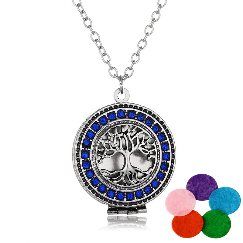 New Rhinestone Tree of Life Locket Pendant Necklace Essential Oil Aroma Diffuser Necklace Stainless Steel Jewelry With 23.62"Chain