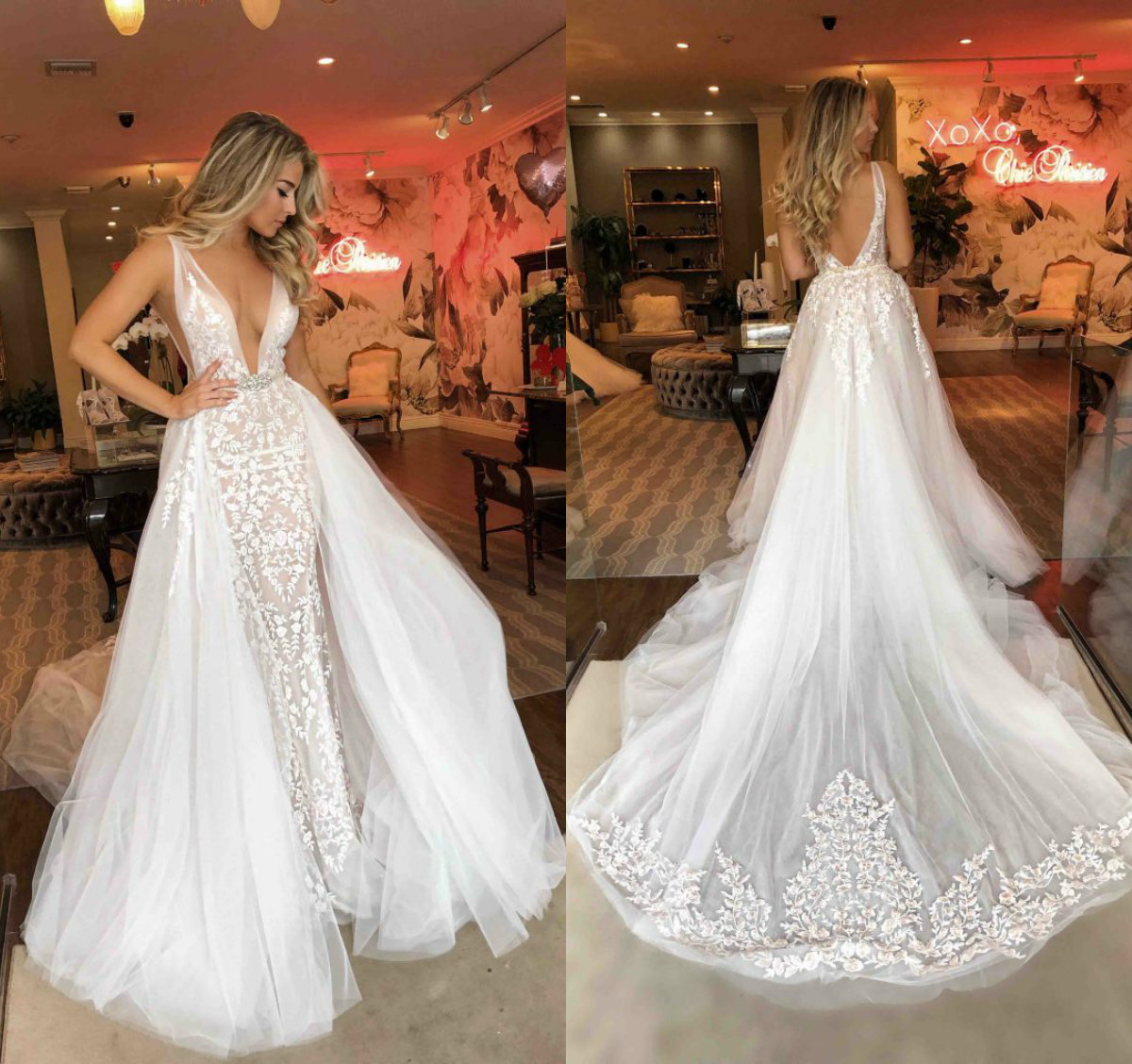 2019 Berta Mermaid Wedding Dresses With Detachable Train Deep V Neck Lace Appliqued Country Bridal Gowns Illusion Boho Wedding Dress, White
2019 Berta Mermaid Wedding Dresses With Detachable Train Deep V Neck Lace Appliqued Country Bridal Gowns Illusion Boho Wedding Dress, White
