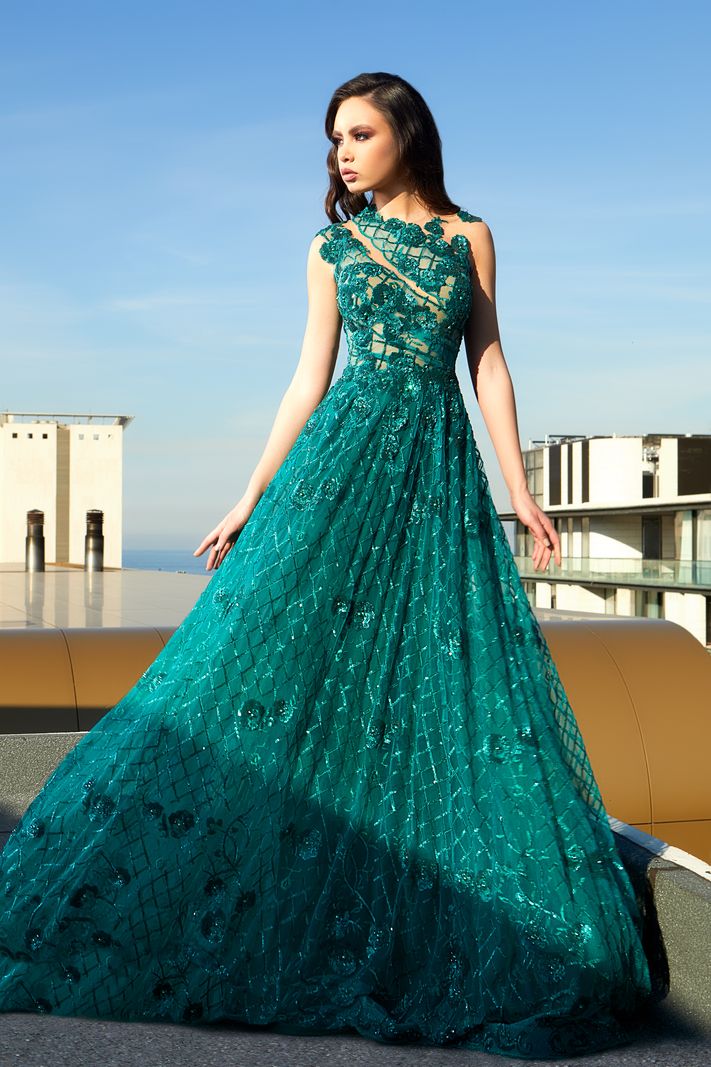 2020 Modest Sexy Jewel Sleeveless Tulle A Line Evening Lace Applique Hand Made Flowers Formal Dresses Sweep Train Party Gown 0508