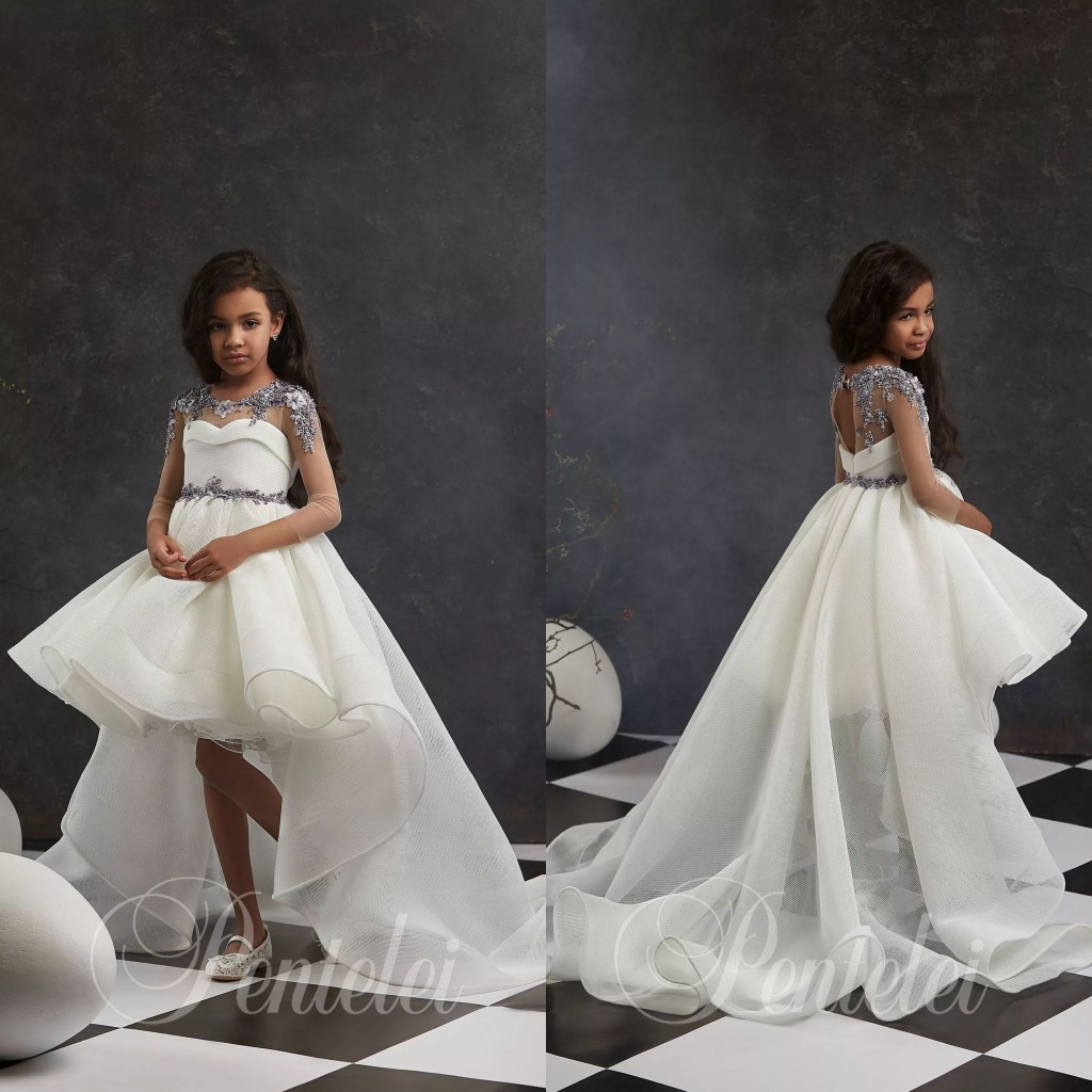 High Low Flower Girl Dresses Lace Appliqued Beaded Jewel Neck Cute Little Kids Birthday Party Gowns Long Sleeve Girls Pageant Dress