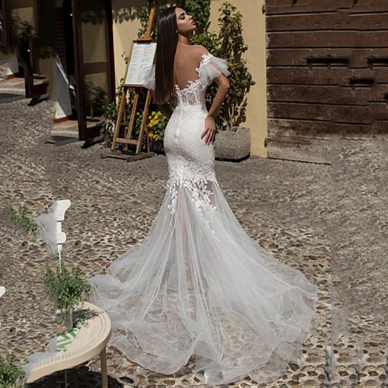 Mermaid Amazing Lace Wedding Dresses Off The Shoulder Appliqued Bridal Gowns Custom Made Tulle Sweep Train Robes De Mari E