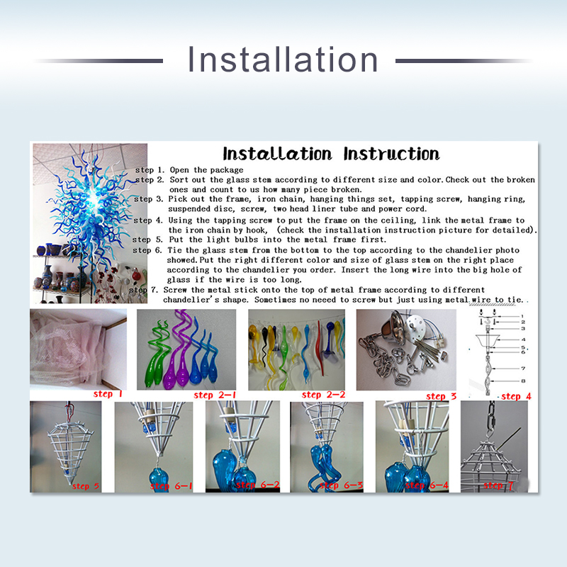 Modern Decoration Glass Pendant Light Flower Shape LED Bulbs Blue Crystal Chandelier Art Blown Glass Chandelier Lighting for Living Room