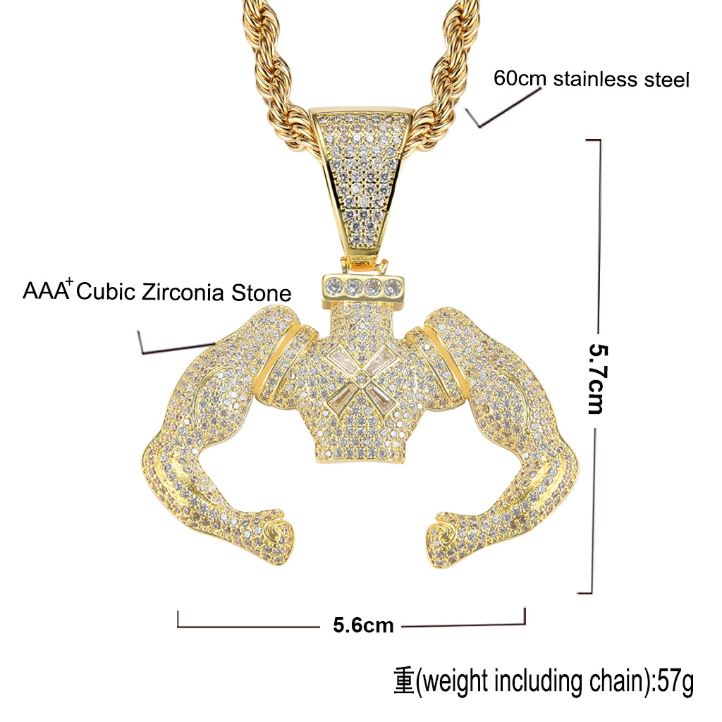 New Style 18K Gold Plated Iced Out CZ Zirconia Muscule Hercule Man Pendant Chain Necklace Hip Hop Rock Rapper Creative Jewelry Gifts for Men