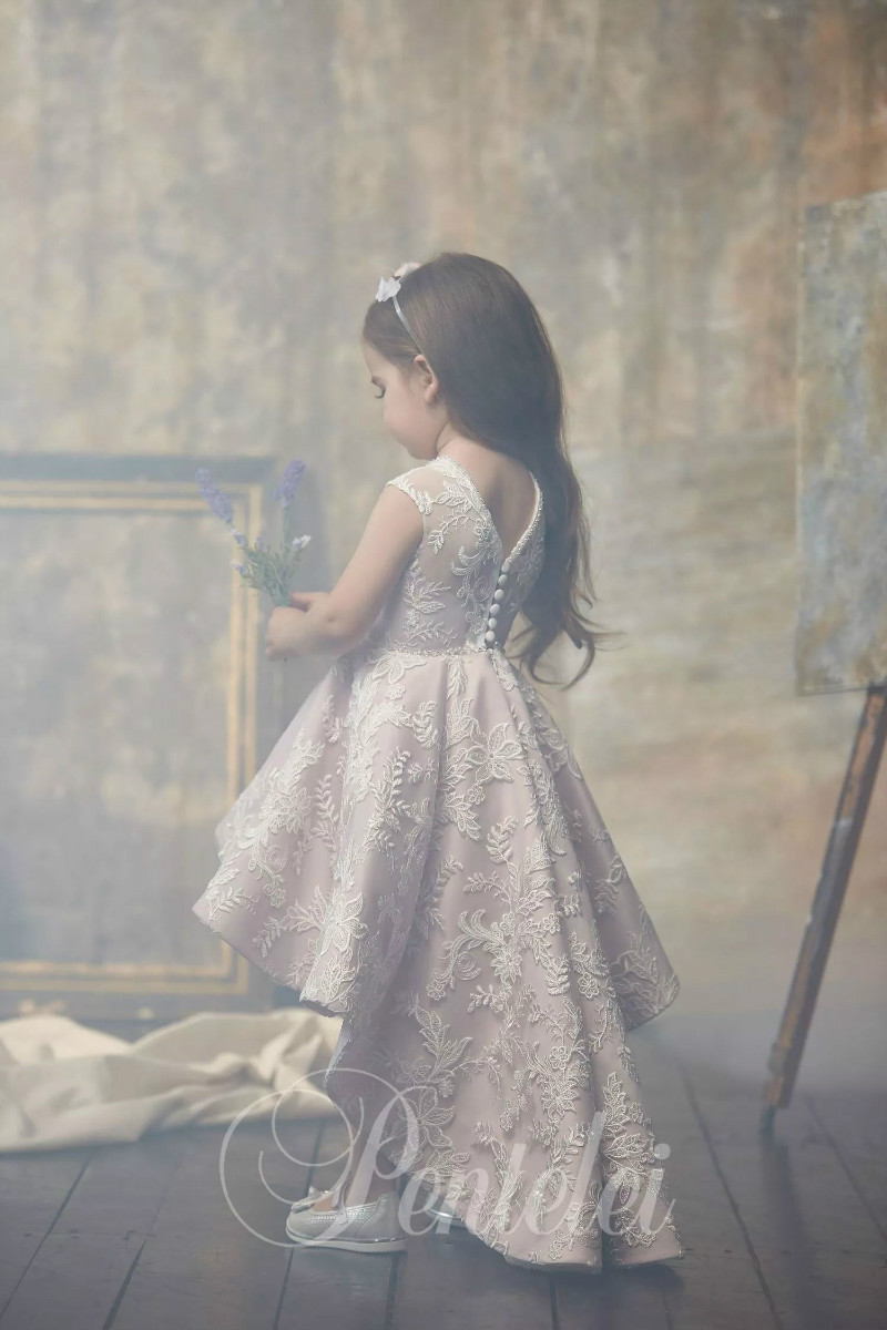 Lovely A Line Flower Girl Dresses Jewel Sleeveless Lace Applique Pageant Dress High Low Girl's Birthday Party 0431