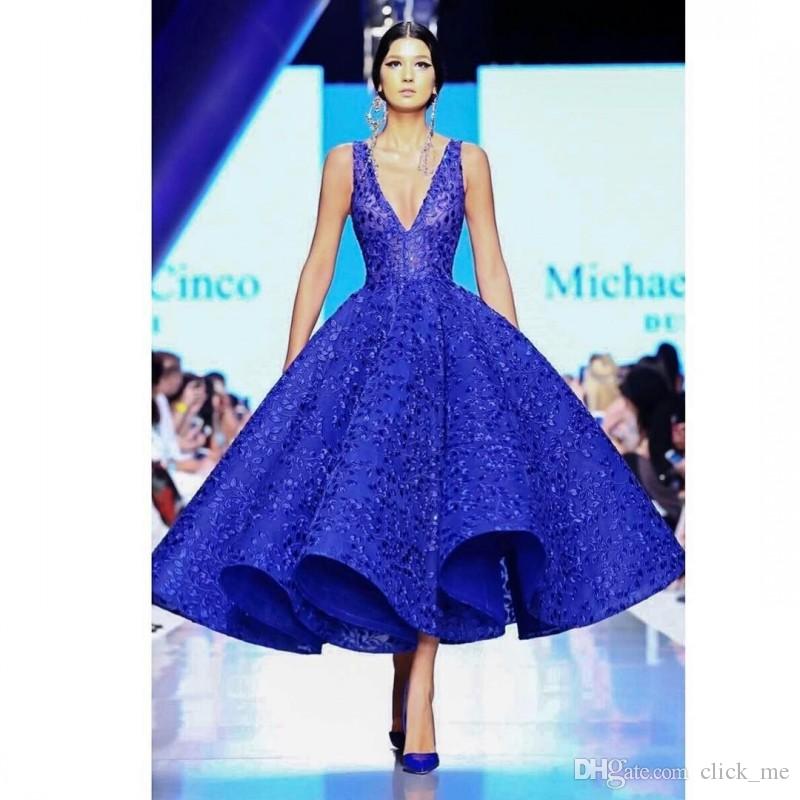 Arabic Gorgeous Dubai Sexy Deep V Neck Royal Blue Prom Dress Ankle Length Robe De Soiree For Party Gowns Red Carpet Dresses Evening Wear Es