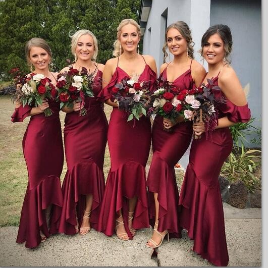 New Bury High Low Bridesmaid Dresses Halter Elastic Satin Ruffle Sexy Open Back Wedding Guest Dress Plus Size Maid Of Honor Gowns