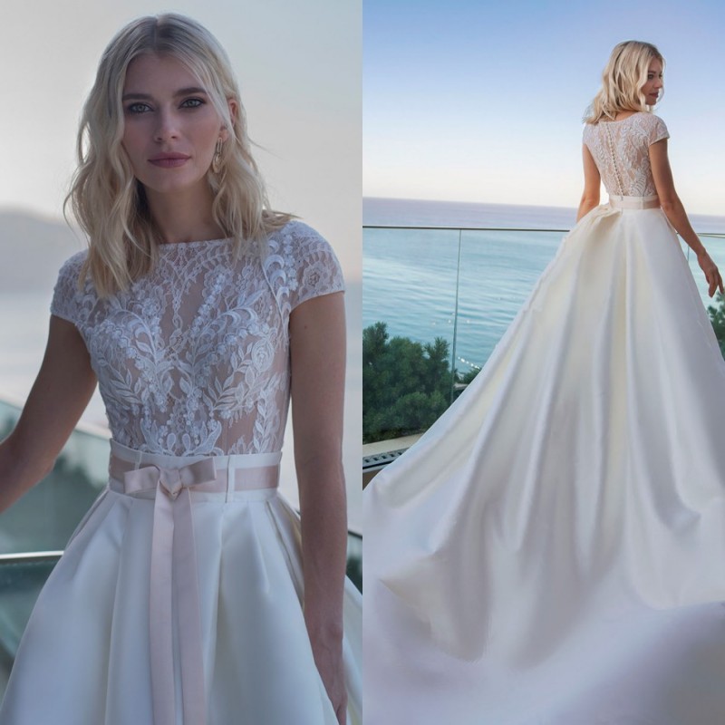 2020 A Line Beach Wedding Dresses Jewel Neck Short Sleeve Bow Appliques Lace Wedding Dresses Sweep Train Boho Bridal Gowns, Dark red
2020 A Line Beach Wedding Dresses Jewel Neck Short Sleeve Bow Appliques Lace Wedding Dresses Sweep Train Boho Bridal Gowns, Dark red