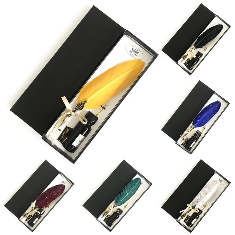 

European Style Gilding Feather Pen Nibbed Dip Writing Ink Quill Pens Set for School Stationery Gifts Art Supplies, Red