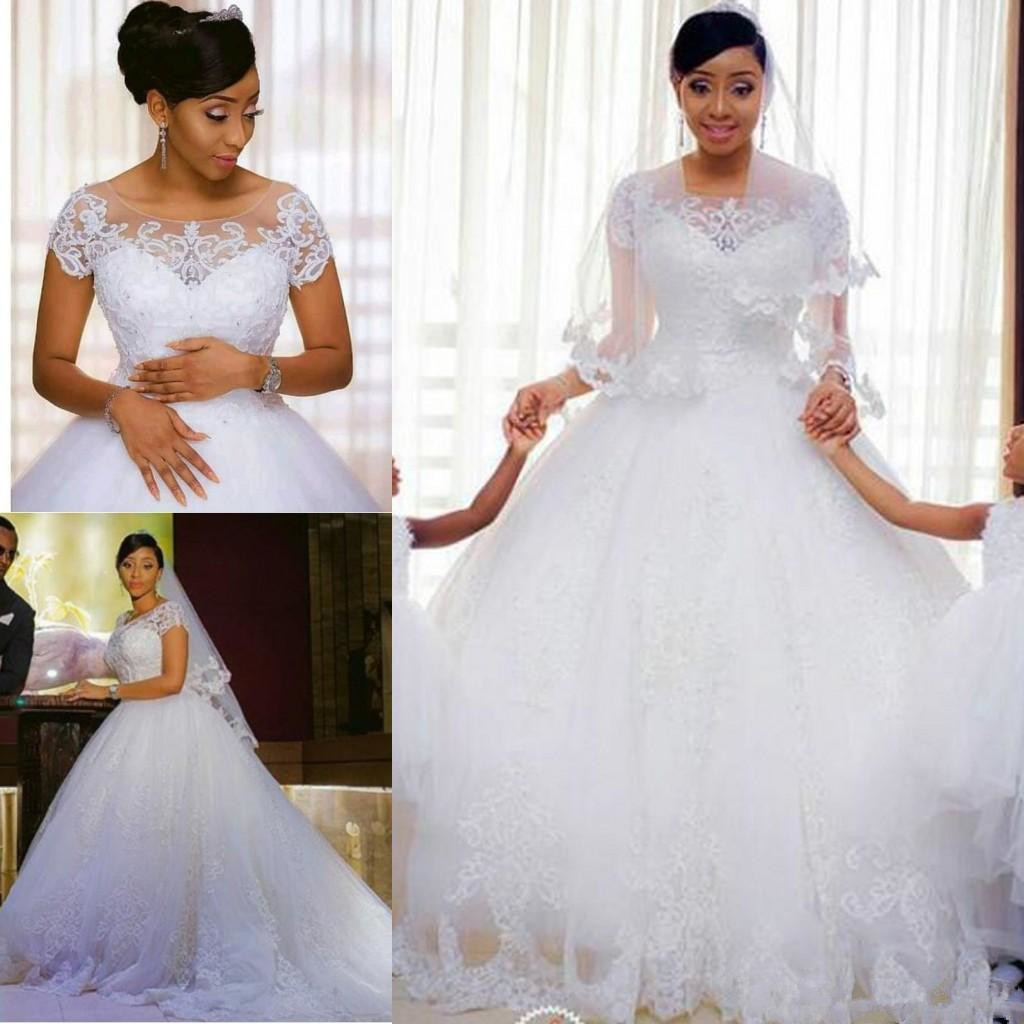 Vintage Lace Appliques Ball Gown 2020 Short Sleeves Cheap Wedding Gowns Plus Size Bride Dresses Vestido De Novia 80 0510