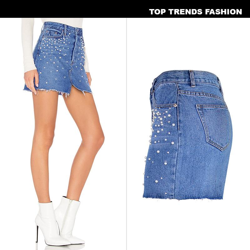 hot sale Spring and Summer Models A High Waist Buckle Triangle Cut Pearl Diamond Studded Denim Hip Skirt