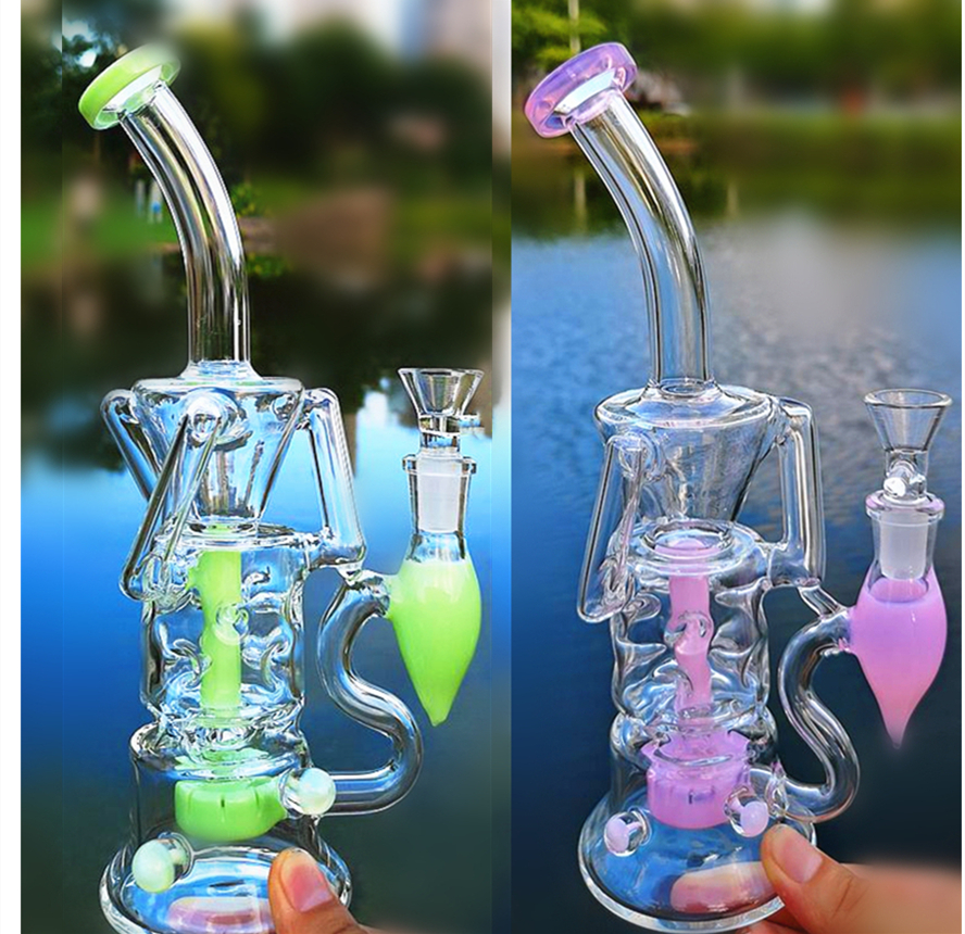 

Heady Glass Bongs Recycler Bong Unique Green Purple Sidecar Water Pipes Showerhead Perc Percolator Oil Dab Rigs 14mm Joint With Bowl