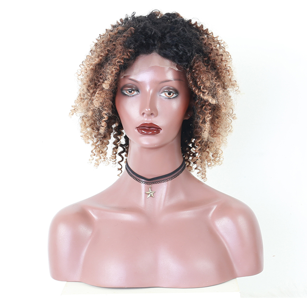 Blonde Afro Kinky Curly Wigs Colorful Ombre Lace Front Closure Wig 4x4 Short Human Hair Wigs With Baby Hair Cut Bob 1B427