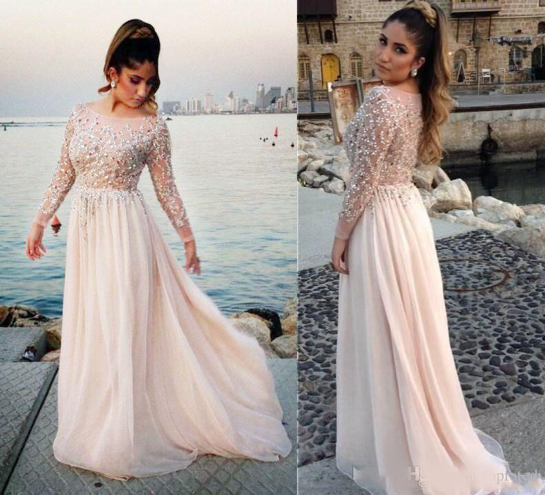 Luxury Long Sleeve Plus Size 2020 A line Prom Dresses Scoop Zipper Beaded Collar Empire Chiffon Tiered Skirts Sweep Train dress evening wear