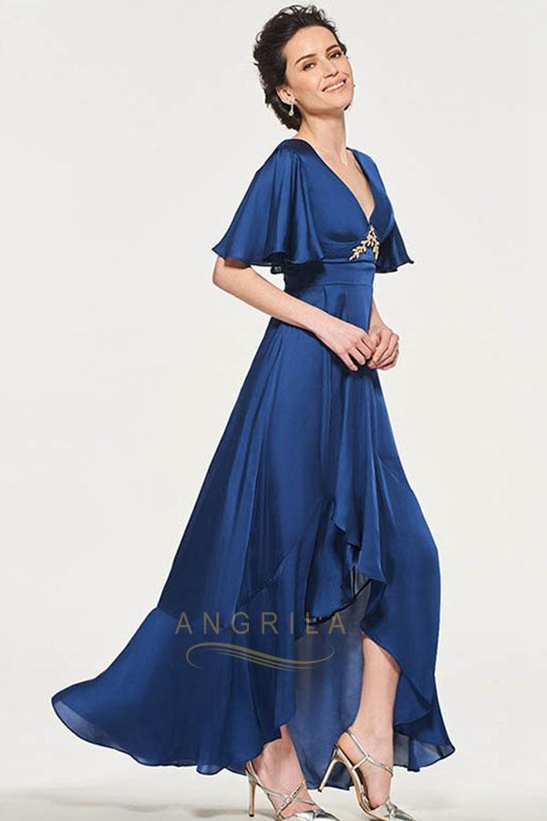 Plus Size Angrila A Line Mother of The Bride Dresses V Neck Wedding Guest Dress Chiffon Short Sleeve High Low Ankle Length Evening Gowns