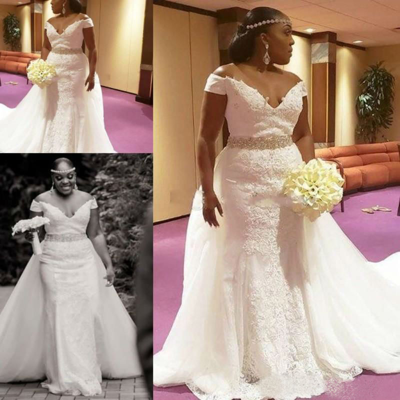 Plus Size Mermaid Wedding Dresses With Detachable Train 2019 African Lace Crystals Sweep Train Beach Wedding Dress Off Shoulder Bridal Gowns