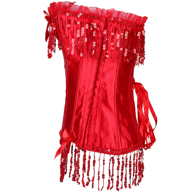 Women Sequined Tassels Overbust Corset with Lace Frill Trim and Satin Bows Details Sexy Lace-up Beading Bustier G-string Set