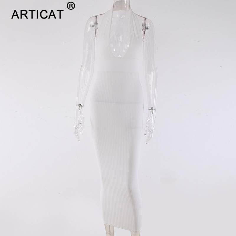 Articat Halter Backless Sexy Knitted Pencil Women White Off Shoulder Long Bodycon Party Elegant Autumn Winter Dress C19041701
