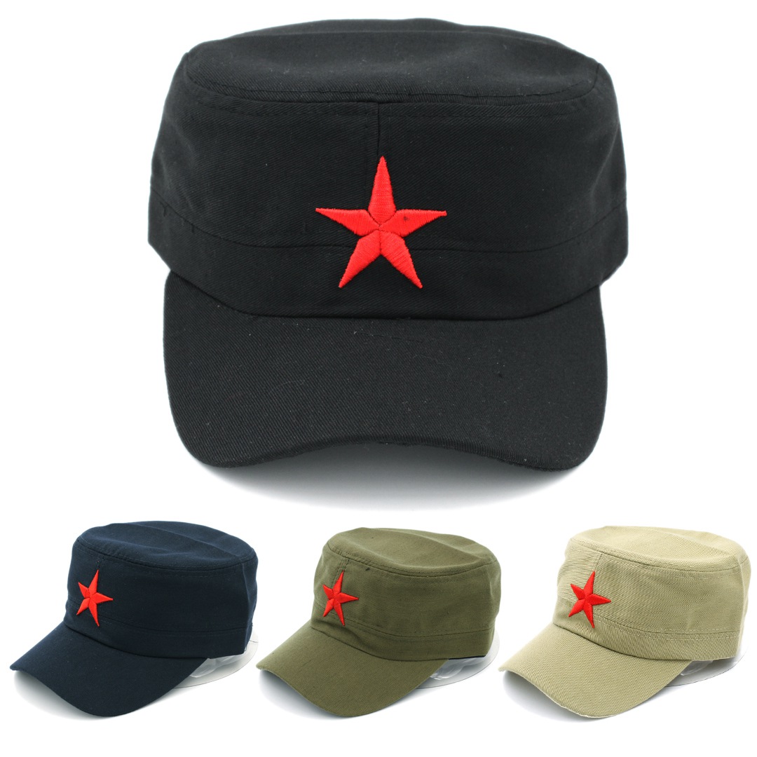 10pcs/Lot Men Women Military Cap Army Hat Spring Summer Winter Beach Outdoor Street Cool Church Sunhat Flat Top Hat With Red Star