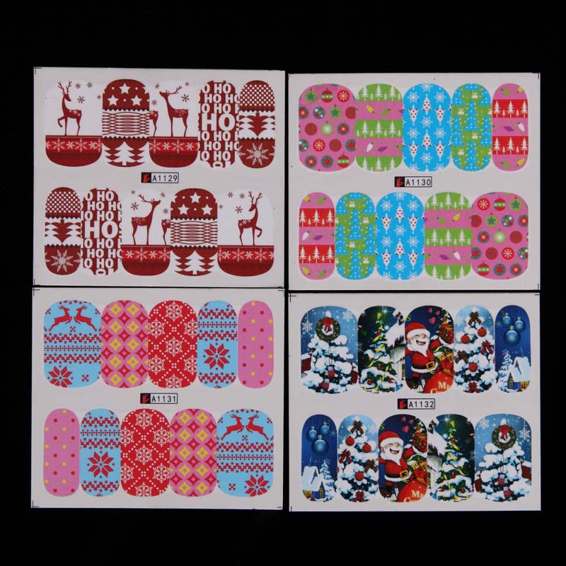 48pcs/lot Xmas Halloween Glue Nail Decals Sticker Water Transfer Nails Art Foils Wraps Gift Bat Skull Christmas Decorations