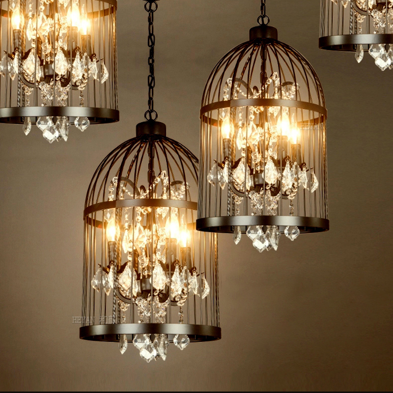 Loft Vintage American Rural creative chandelier clothing store restaurant iron pendant light crystal decorate birdcage pendant lamp
