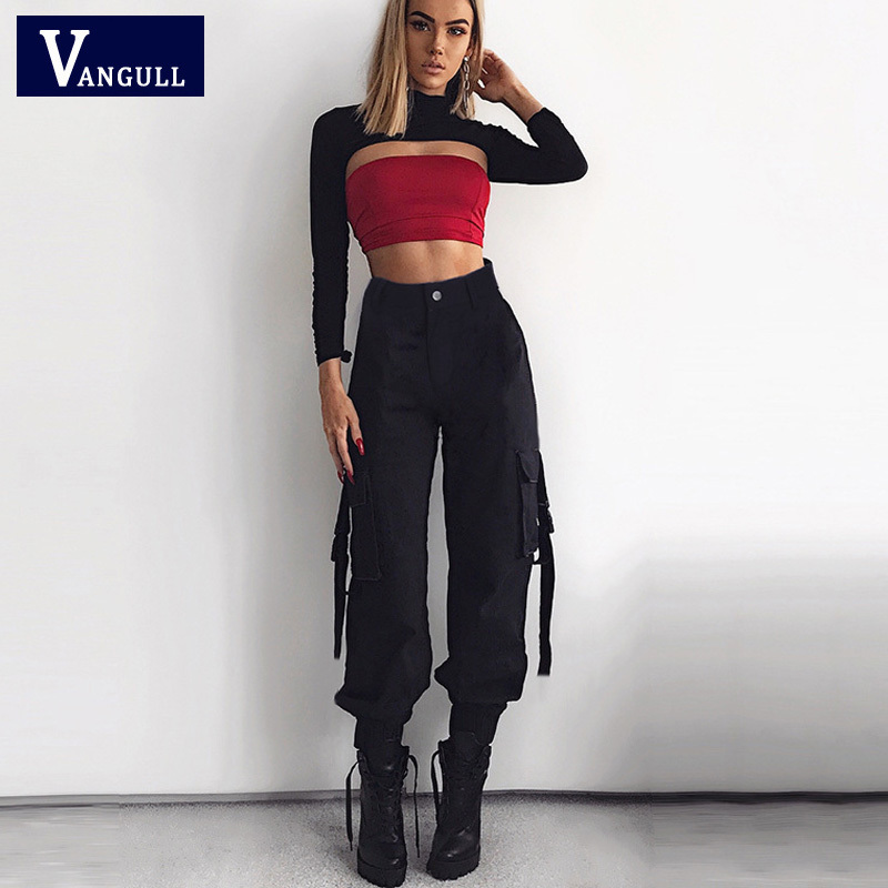 Vangull Long Cargo Women High Waist Pants Buckle Big Pockets Female Trousers Streetwear Pant 2019 New Fashion Sweatpants C19041102
