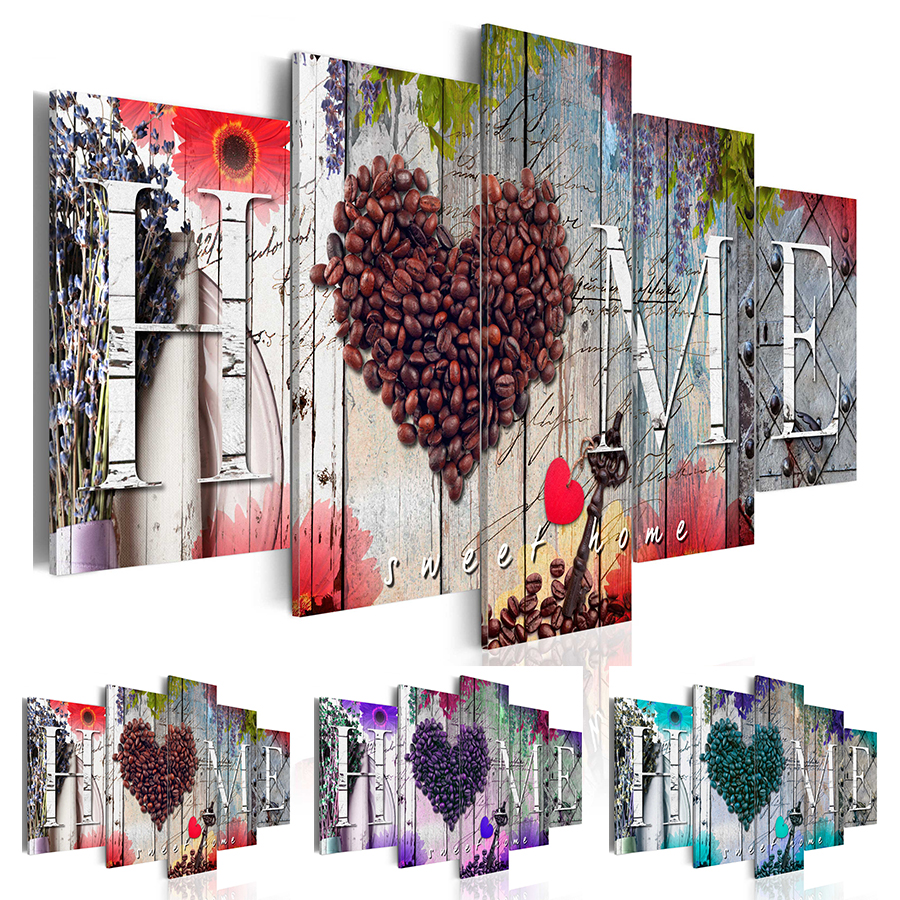 ( No Frame ) Home Coffee Beans Love Sweet Home Flower Design Canvas Print Modern Abstract Wall Art Painting Home Decoration Christmas Gift,