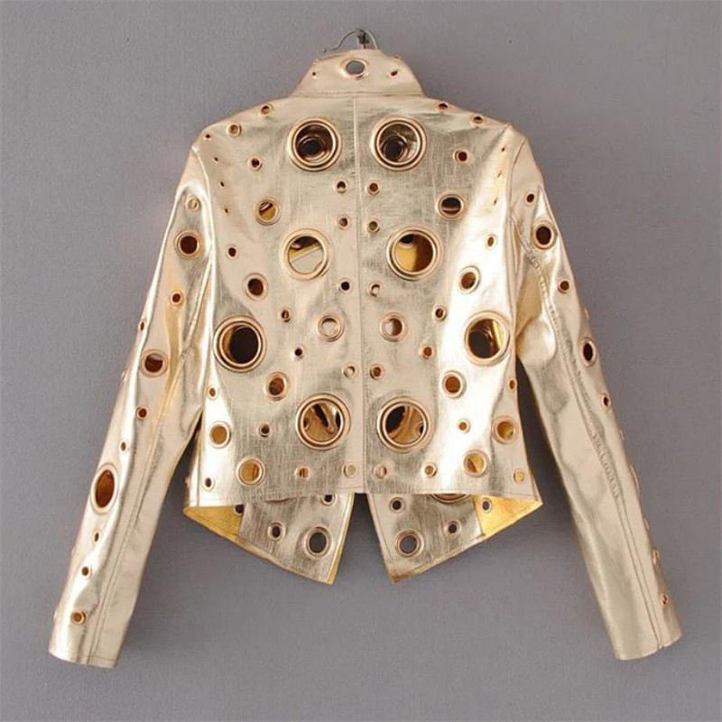European and American Fashion Stand Collar pu Jacket Coat Loose Bright openwork Metal Ring Decoration pu Jackets Coats Black XL