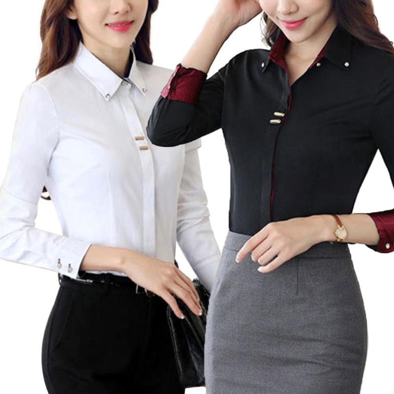 Office Blouses Lady Turn Down Collar Long Sleeve Button Cuff Cotton Plus Size Blouses, Black 
Office Blouses Lady Turn Down Collar Long Sleeve Button Cuff Cotton Plus Size Blouses, Black