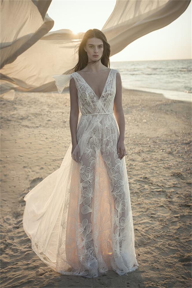 Alon Livne Wedding Dresses Deep V Neck Floor Length Lace Appliqued Beach Wedding Dress Custom Made Robes De Mariée