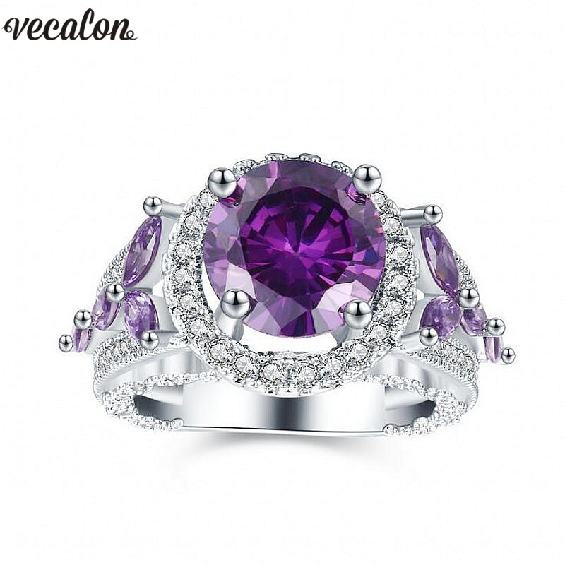 Vecalon Hollow Flower ring 925 Sterling silver Filled Round 2ct 5A Purple Cz Party wedding band rings For women men Jewelry