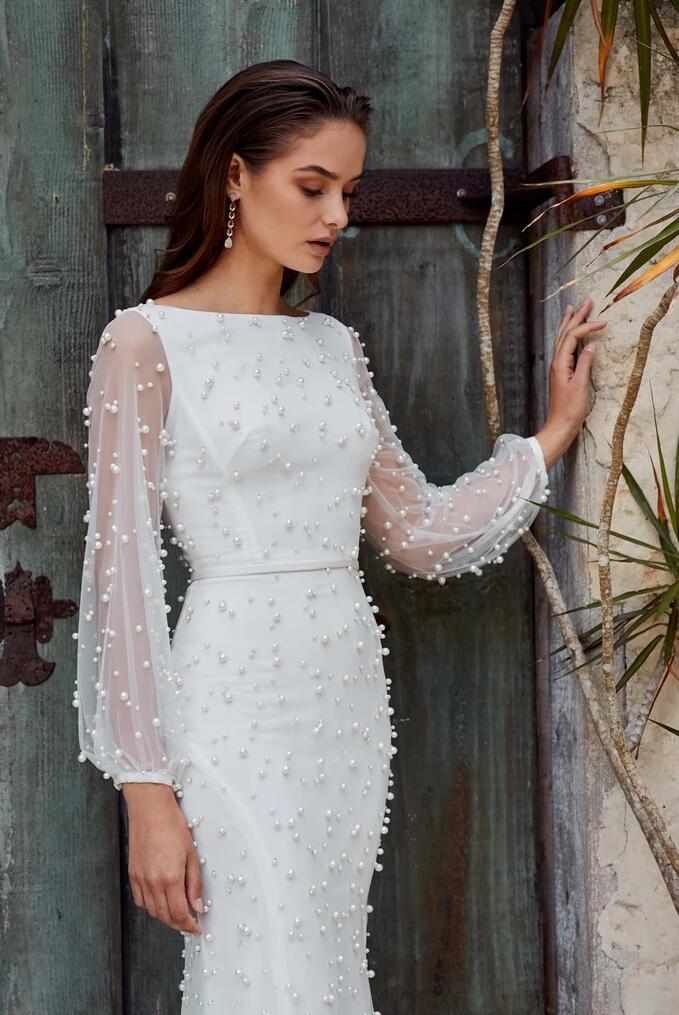 2019 Major Pearls Mermaid Wedding Dresses Bateau Neck Long Sleeve Sweep Train Lace Wedding Dress Boho Vestidos De Novia Bridal Gowns