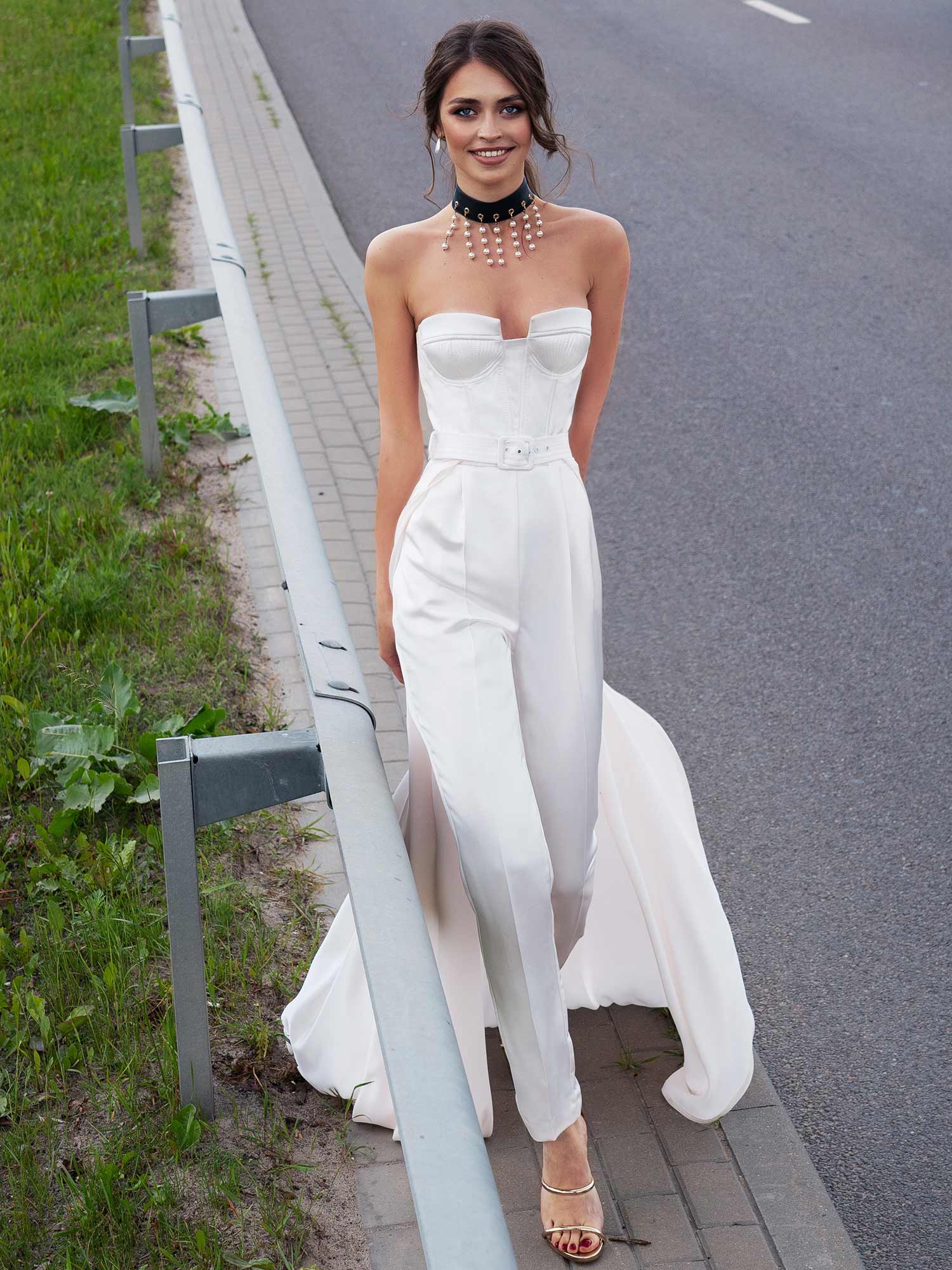 white jumpsuits beach wedding dresses sweetheart satin bridal gowns with detachable train vestido de novia