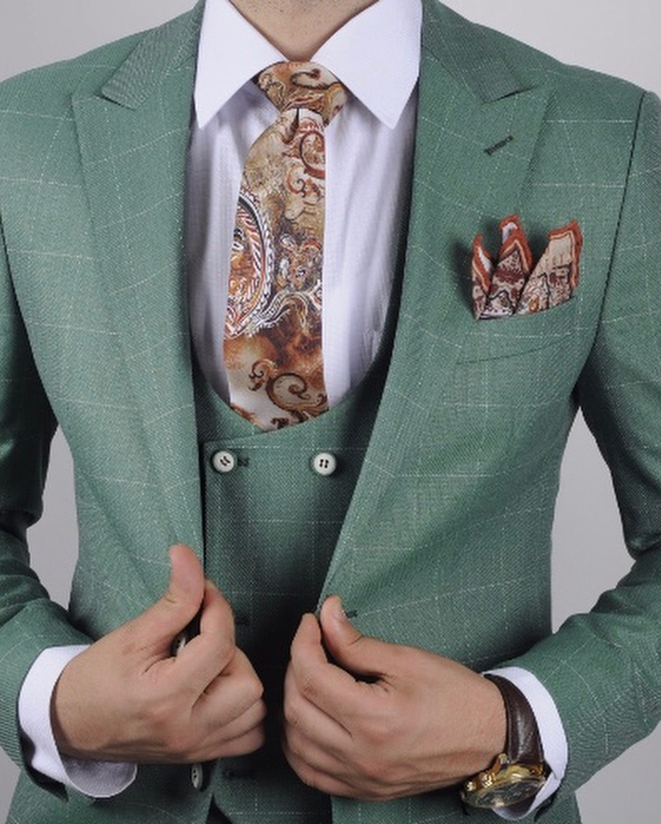 Green Plaid Groom Tuxedos Mens Suits Boyfriend Blazer Two Button Younger Man Office Clothing Formal Wedding Jacket(Jacket+Vest+Pants)