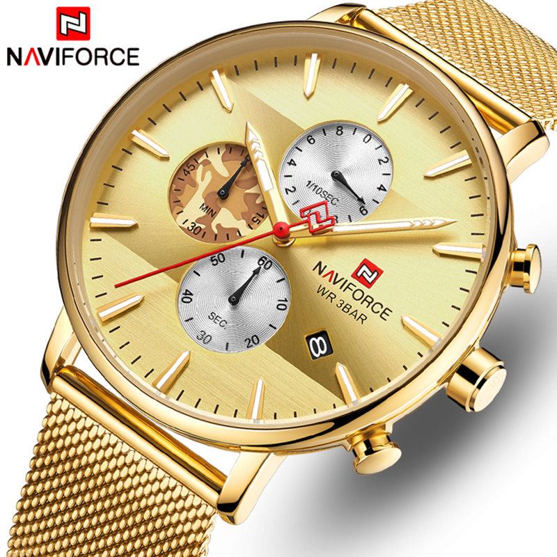 

NAVIFORCE Men Watch Fashion Quartz Watches Luxury Brand Stainless Steel Chronograph Wristwatch Men Waterproof Analog Male Clock LY191213, Blue-putong