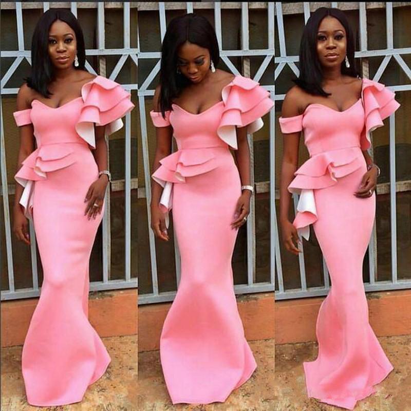 Pink One Prom Dresses Mermaid Ruffles Off Shoulder Or Length Satin Custom Made Evening Party Gown Plus Size