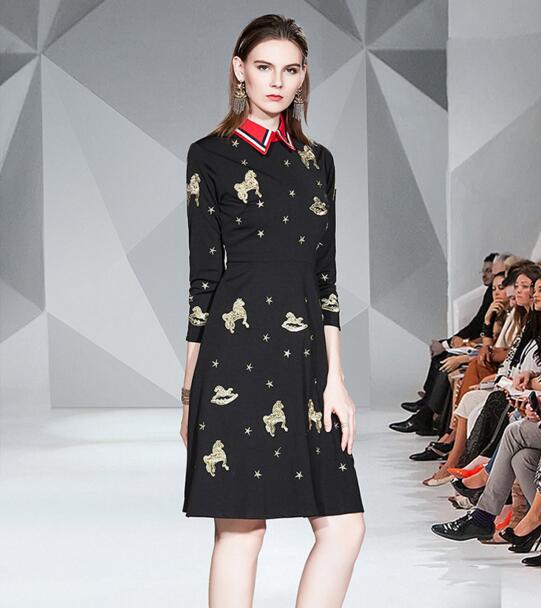Autumn new temperament long sleeve lapel contrast color stitching embroidered a-line skirt, Black
Autumn new temperament long sleeve lapel contrast color stitching embroidered a-line skirt, Black