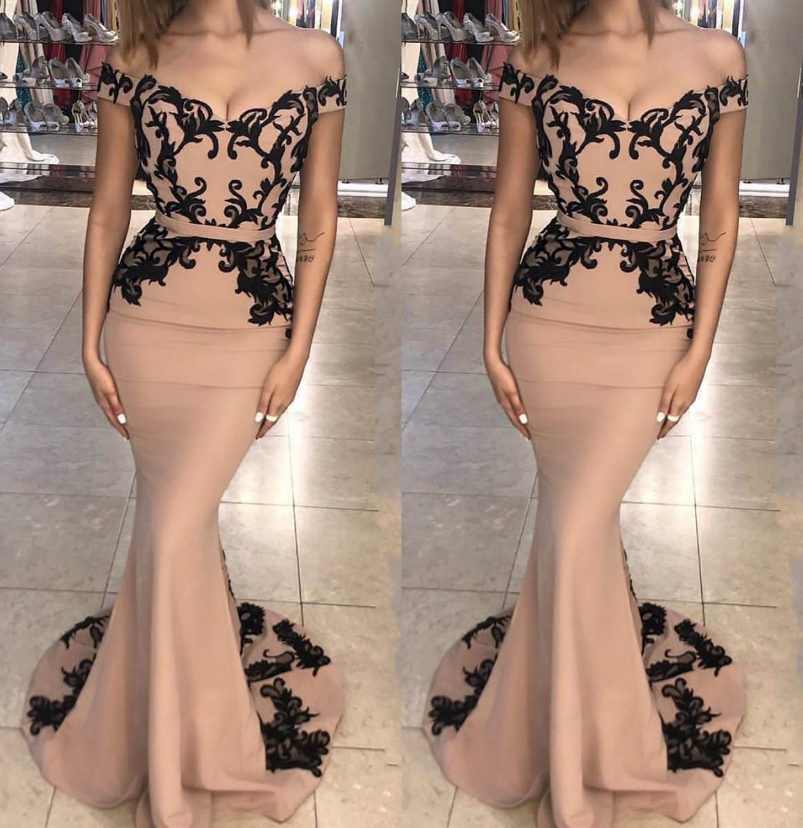 Cheap Mermaid Evening Dresses Off The Shoulder Black Appliques Satin Sweep Train Belt Prom Dress Custom Made Formal Occasion Gowns