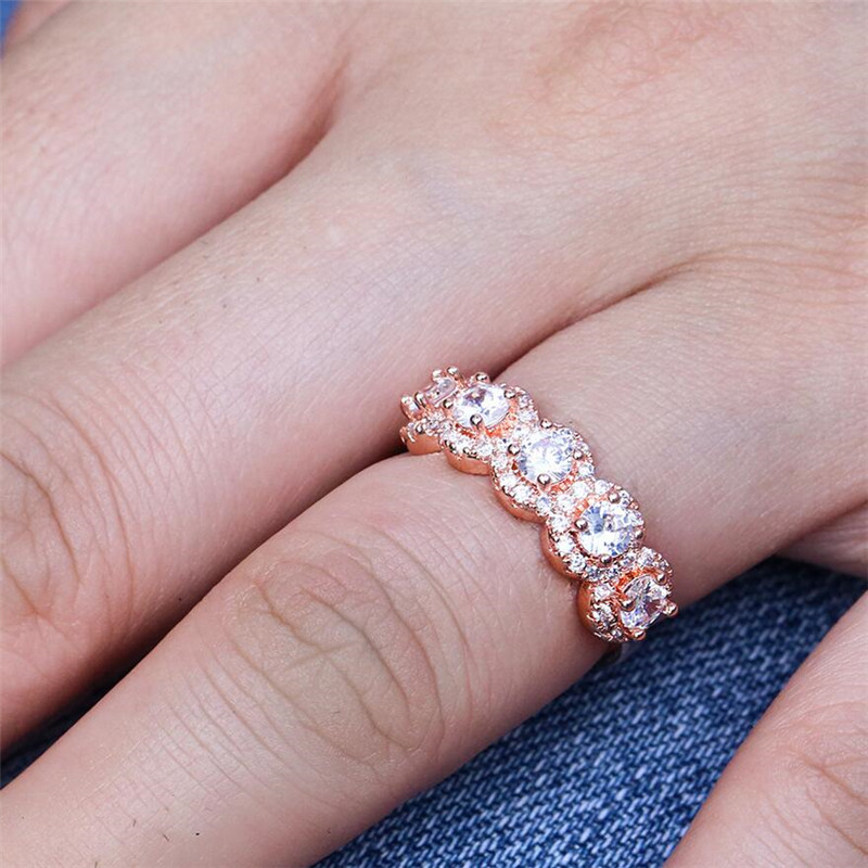 Top Selling Vintage Fashion Jewelry 925 Sterling Silver&Rose Gold Fill Three Stone White Topaz CZ Party Diamond Women Wedding Band Ring Gift