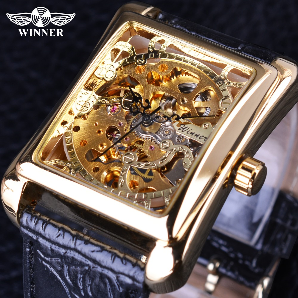 

Winner 2017 Retro Casual Series Rectangle Dial Design Golden Pattern Hollow Skeleton Watch Men Watch Top Brand Luxury Mechanical, Slivery;brown