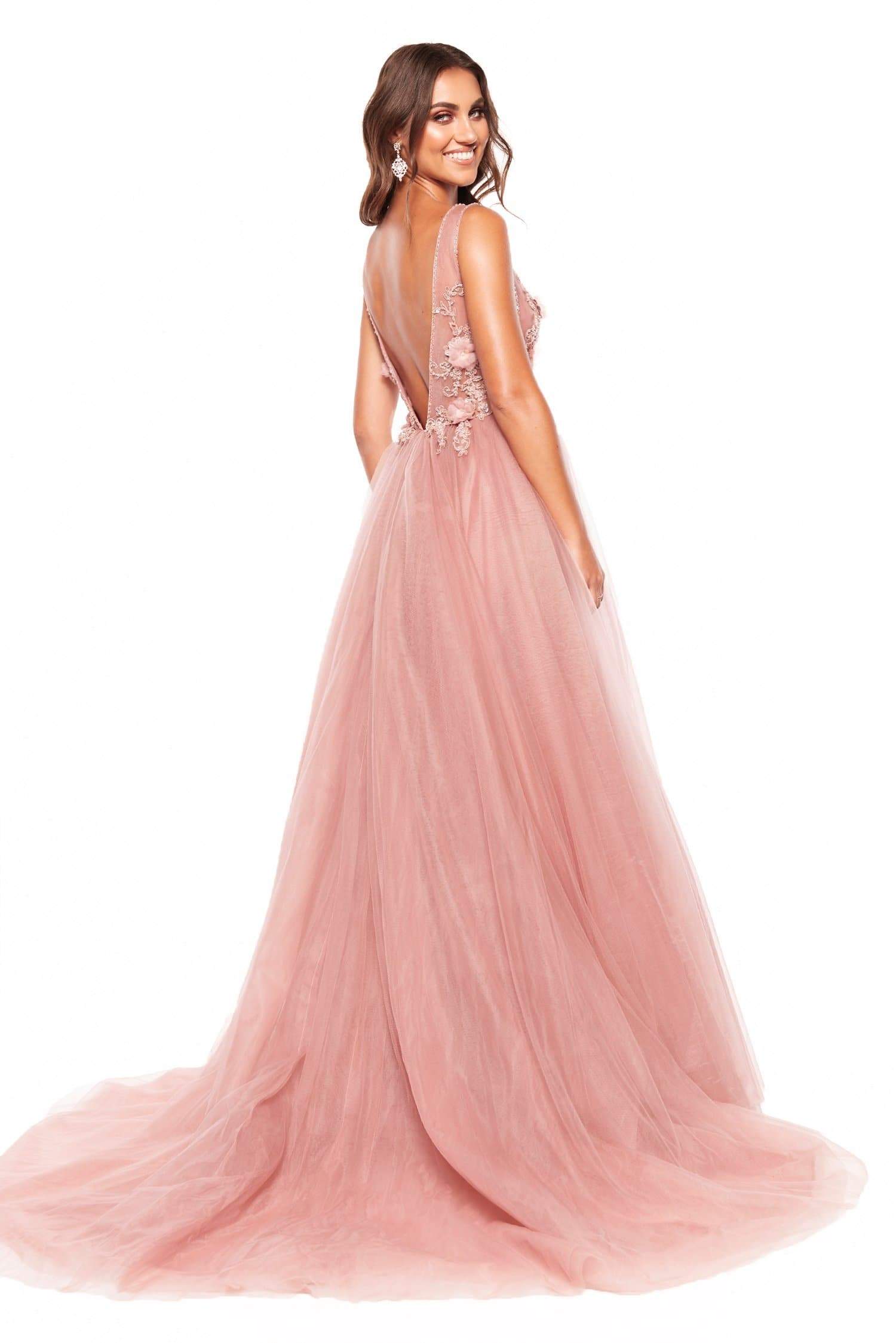 pink evening dresses v neck lace appliqued beaded sleeveless prom gown backless sweep train custom made lumbar formal party gown