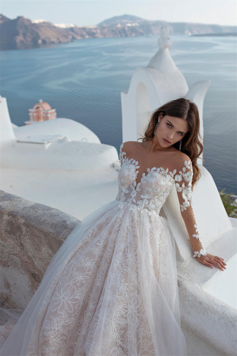 a line wedding dress v neck long sleeves lace sequins appliqued court train bridal dress backless tulle custom made robes de marie