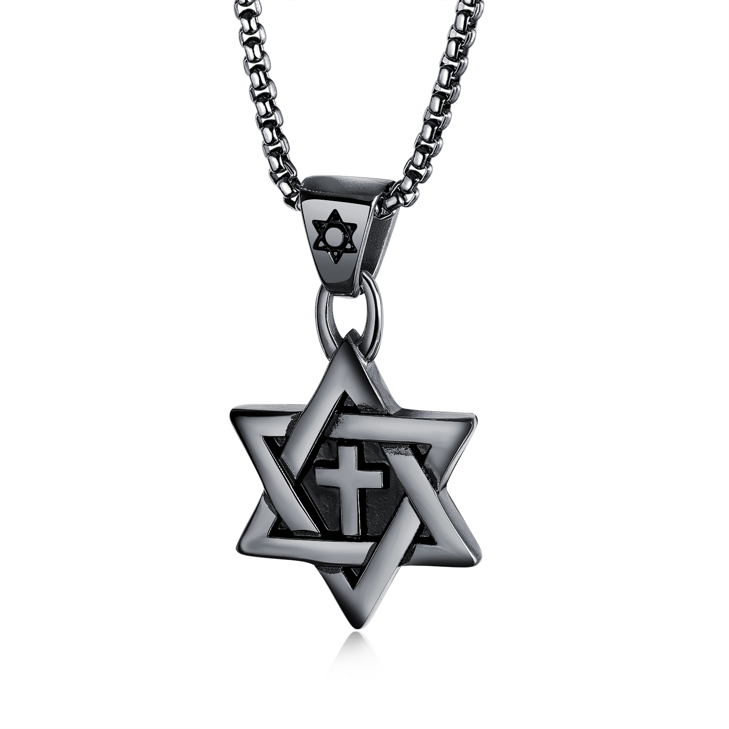 Fashion Six-pointed Star Cross Pendants Necklace Jewelry Gun Black Color Stainless Steel Necklace Men Women Gift