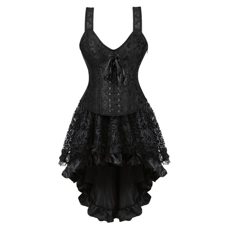 Women Corset Vest Skirt Set of Lacing Front Side Zipper Halterneck Jacquard Overbust Corset with Flocked Hi-lo Skirt Plus Size S-6XL Dress