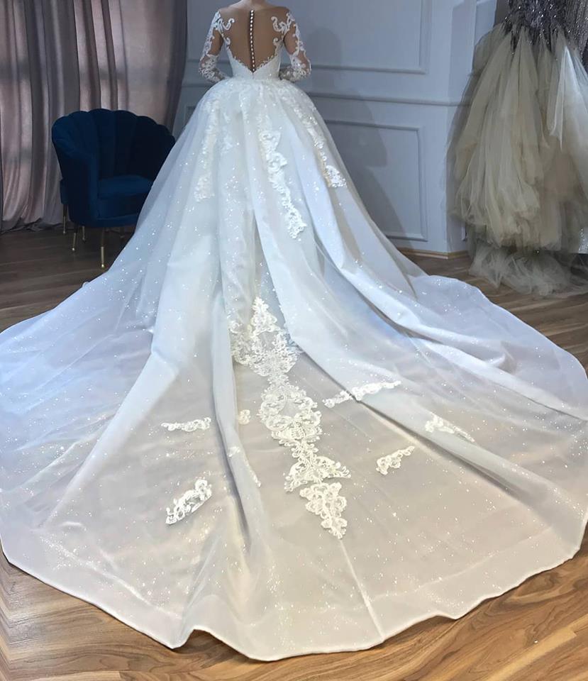 Two Pieces Mermaid Wedding Dresses with Detachable Train Luxury Lace Applique Crystal Sheer Neck Arabic Dubai Long Sleeve Wedding Gown