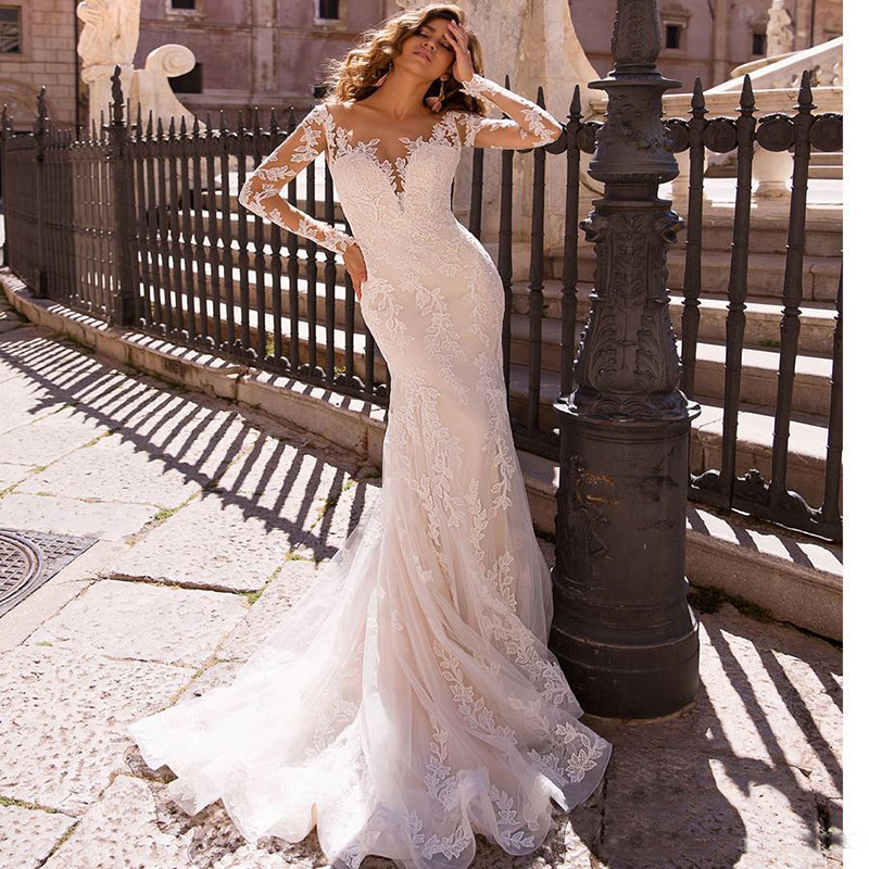 Sexy Lace Mermaid Wedding Dresses Sheer Neck Top Long Sleeves Applique Bridal Gowns With Detachable Skirt Vestidos De Soiree