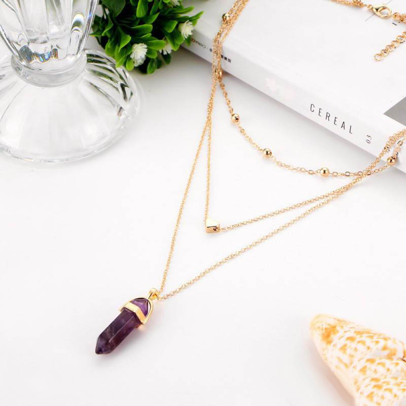 Fashion Multi-layer Chain Mens Womens Created Gemstone Natural Stone Hexagonal Prism Pile Pendant Necklace