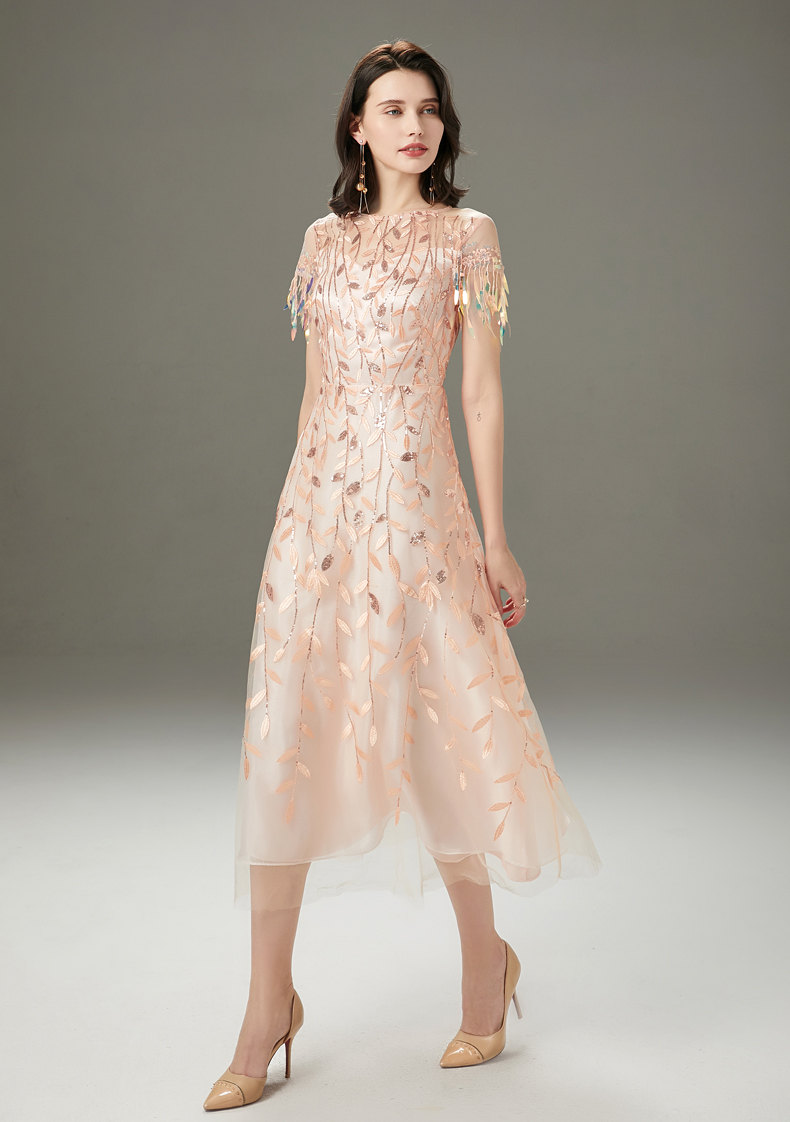Women's Runway Dresses O Neck Short Sleeves Embroidery Beaded Layered Fashion Mid Calf Dresses