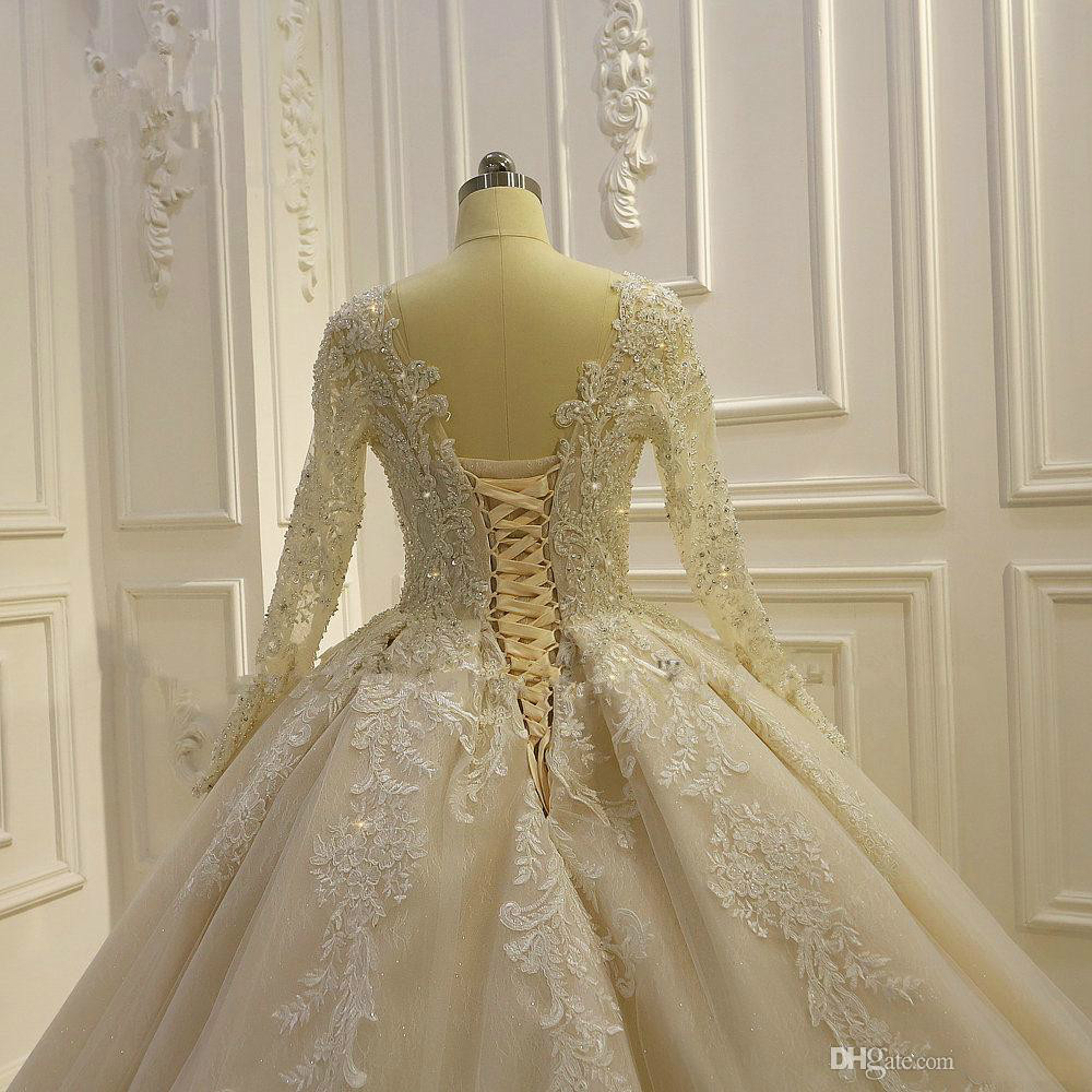 Elegant Ball Gown Wedding Dresses Crystal Pearl Beaded V Neck Long Sleeve Sweep Train Bridal Gowns Custom Made Wedding Gown Vestido De Novia