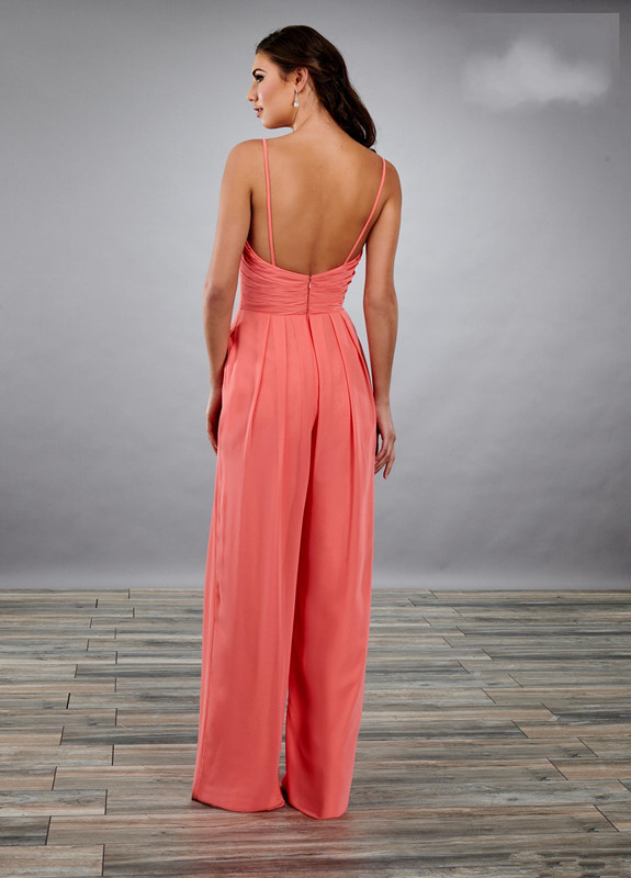 Lastest Designer Coral Bridesmaid Evening Jumpsuits Pantsuit Dresses with Spaghetti Straps Ruch Chiffon Long Wedding Party guest Dress