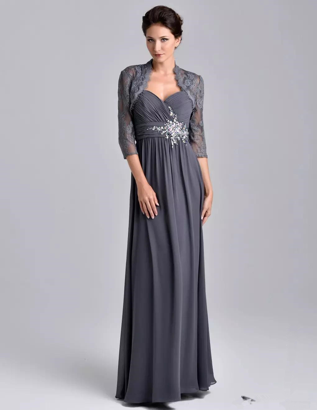 New Grey Mother of the Bride Dresses With Jacket Lace Appliqued Floor Length Wedding Guest Dresses Plus Size Chiffon Evening Gowns